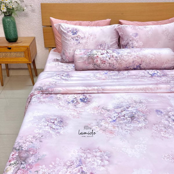 Bộ chăn ga gối 5 món lụa tencel 80s Hoa Tím Hồng 15 11 45