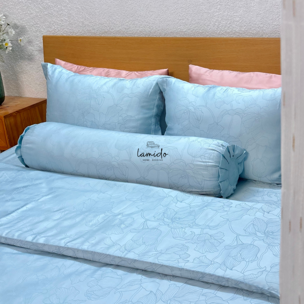 Bộ chăn ga gối 5 món lụa Tencel 80s Xanh Hoa Lá Dệt Kim