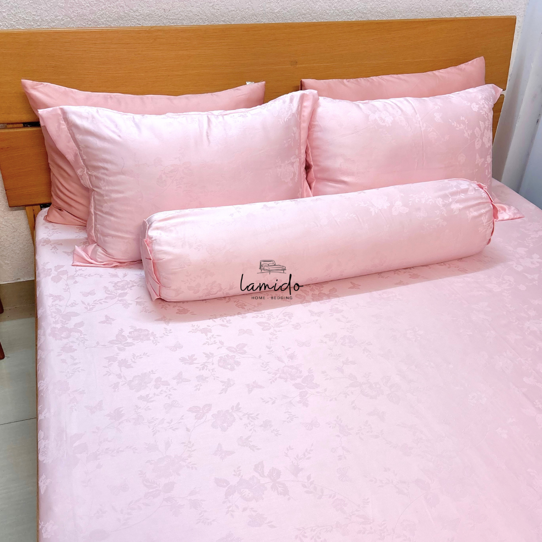 Ga trải giường lụa Tencel 80s Hồng Bướm Dệt Kim 3 Ga trải giường lụa Tencel 80s Hồng Bướm Dệt Kim - Image 3