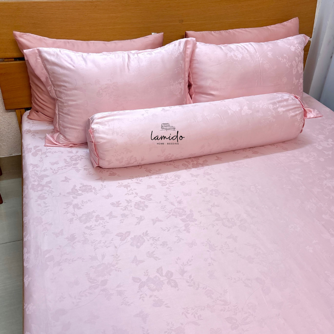 Ga trải giường lụa tencel 80s Hồng Bướm Dệt Kim 4 Ga trải giường lụa tencel 80s Hồng Bướm Dệt Kim - Image 4