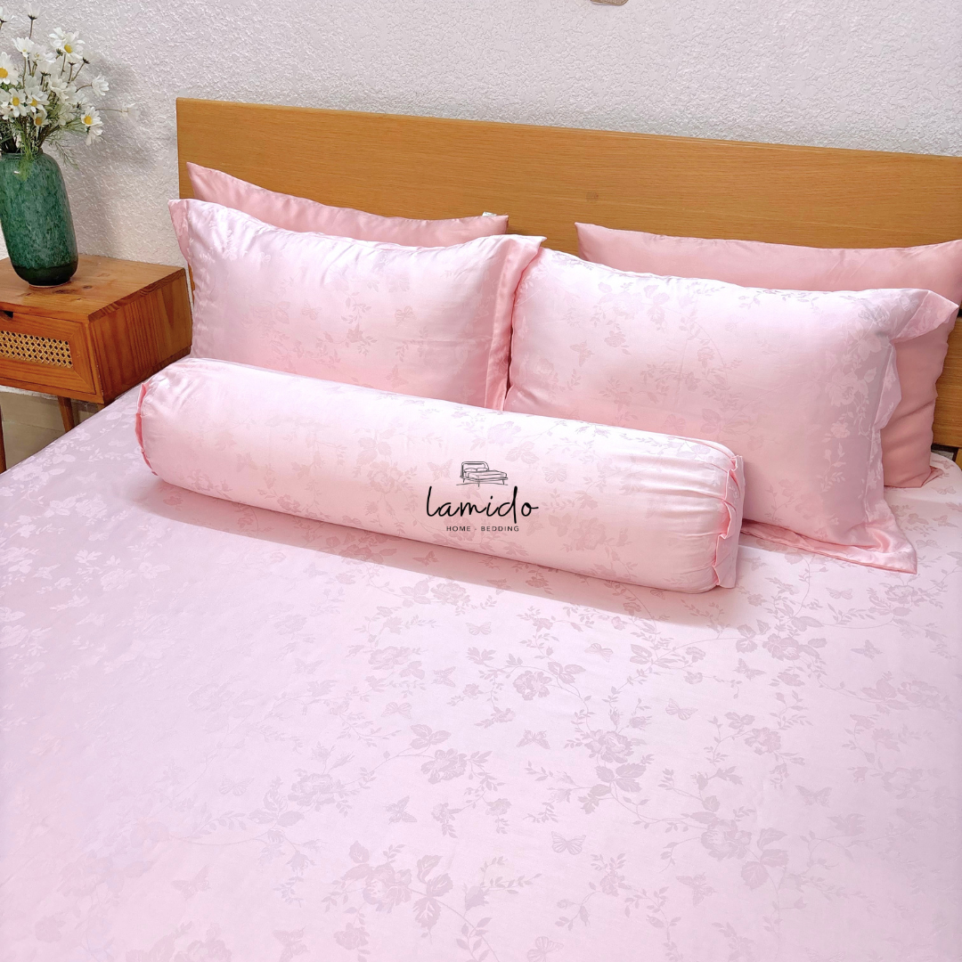 Ga trải giường lụa Tencel 80s Hồng Bướm Dệt Kim 4 Ga trải giường lụa Tencel 80s Hồng Bướm Dệt Kim - Image 4