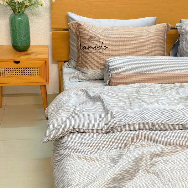 Bộ chăn ga gối 5 món Lụa Tencel 80s Sọc Nâu