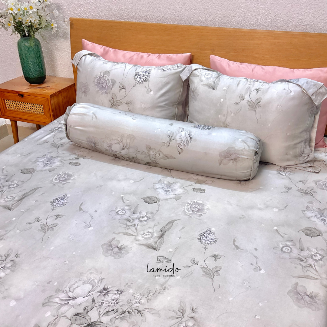 Bộ chăn ga gối 5 món lụa tencel Hoa Xám 5 Bộ chăn ga gối 5 món lụa tencel Hoa Xám - Image 5