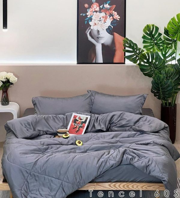 Bộ chăn ga gối 5 món lụa tencel 60s Xám chì