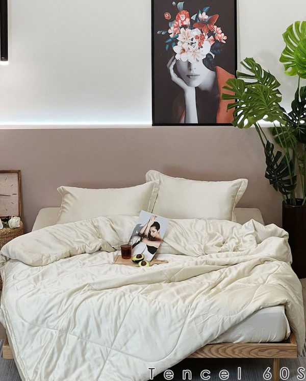 Bộ chăn ga gối 5 món Lụa Tencel Trơn 60s Be Sữa