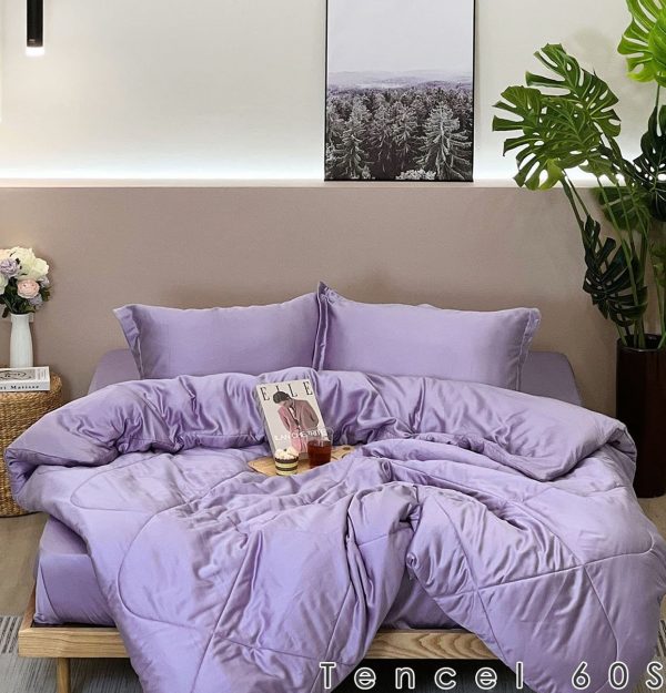 Bộ chăn ga gối 5 món lụa Tencel 60s Tím Trơn