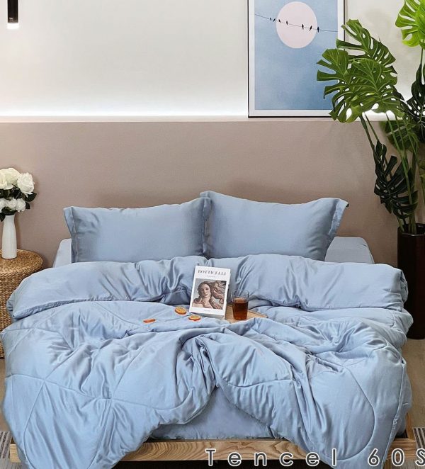 Bộ chăn ga gối 5 món lụa Tencel 60s Xanh Xám