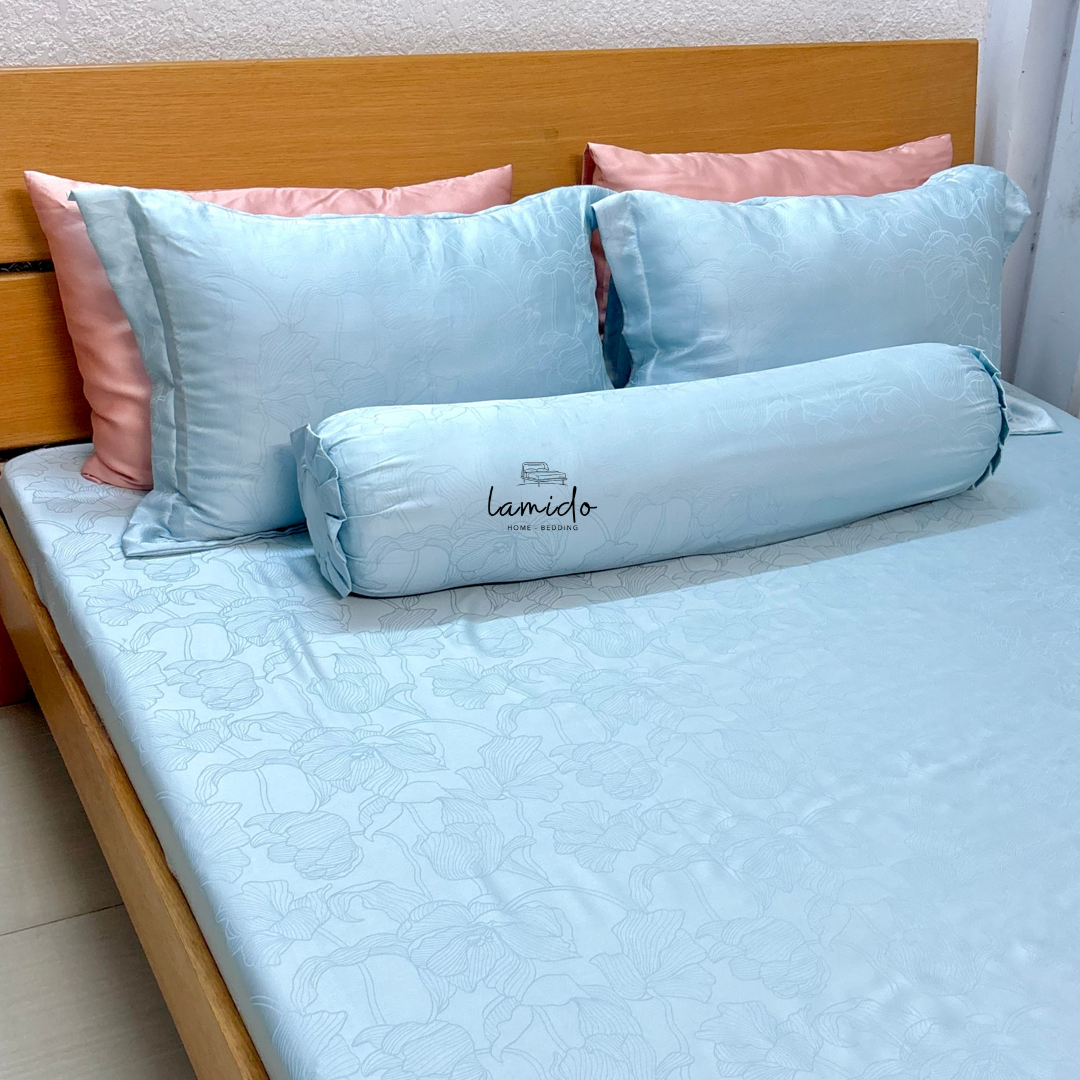 Ga trải giường lụa Tencel 80s Xanh Blue Lá Dệt kim 6 Ga trải giường lụa Tencel 80s Xanh Blue Lá Dệt kim - Image 6