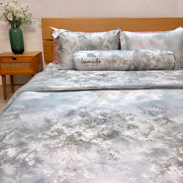 Bộ chăn ga gối 5 món lụa tencel 80s Hoa Anh Đào