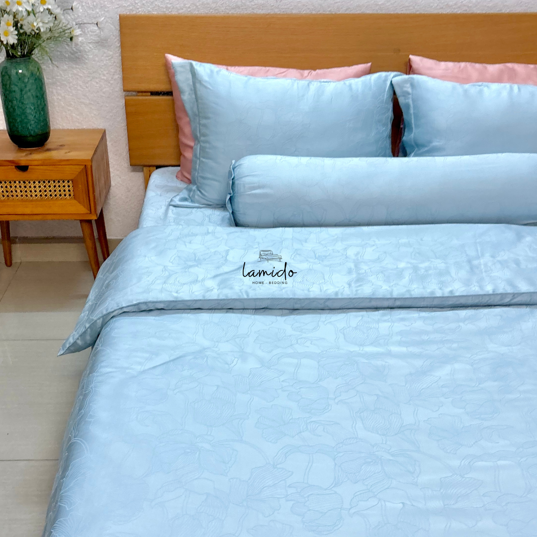 Ga trải giường lụa Tencel 80s Xanh Blue Lá Dệt kim 7 Ga trải giường lụa Tencel 80s Xanh Blue Lá Dệt kim - Image 7