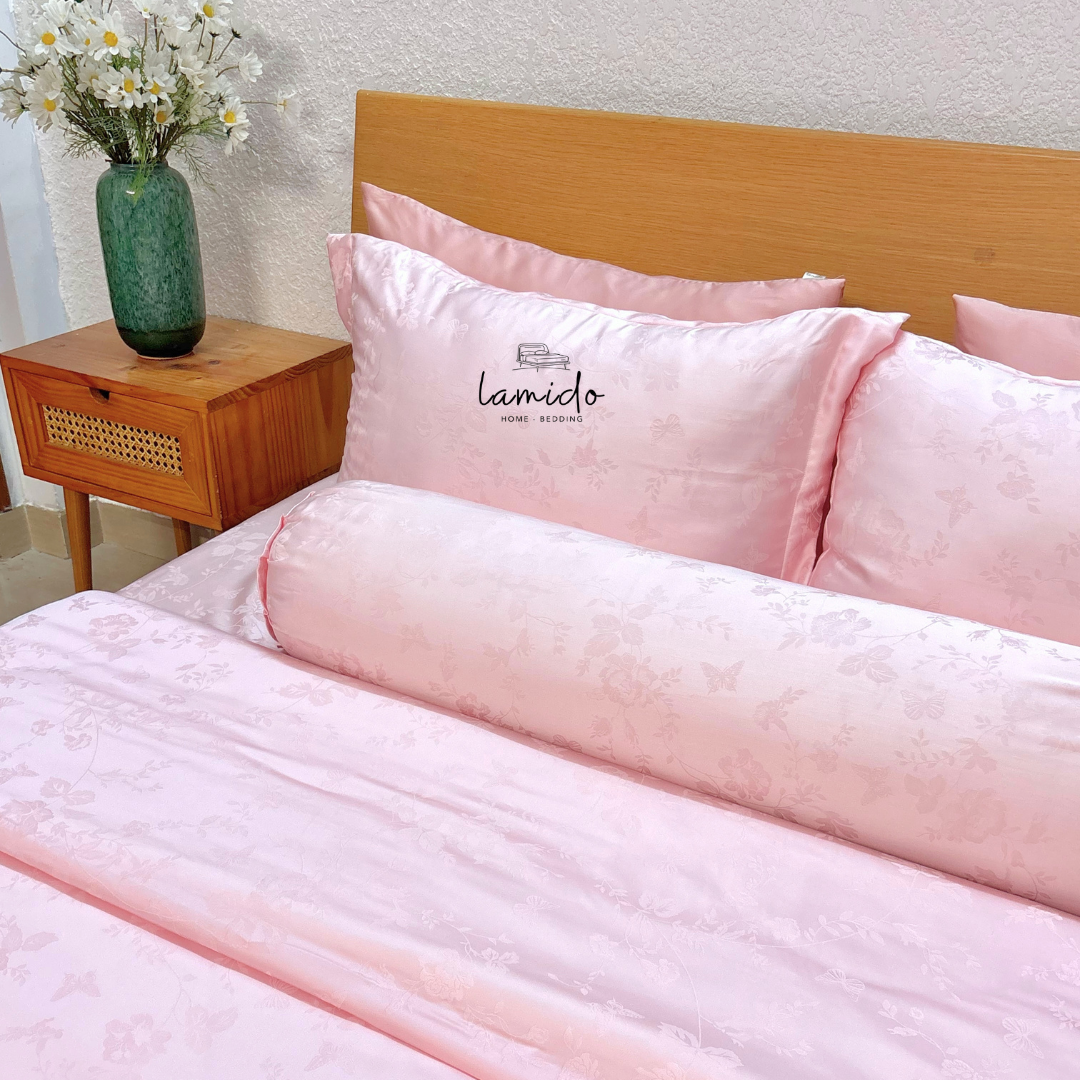 Bộ chăn ga gối 5 món lụa Tencel 80s Hồng Bướm Dệt Kim 1 Bộ chăn ga gối 5 món lụa Tencel 80s Hồng Bướm Dệt Kim