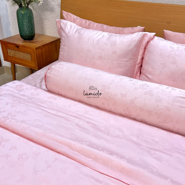 Bộ chăn ga gối 5 món lụa Tencel 80s Hồng Bướm Dệt Kim