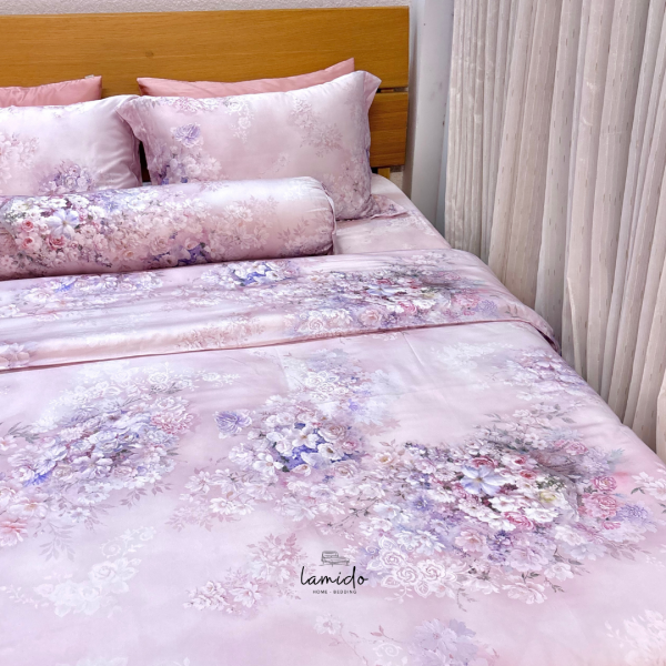 Bộ chăn ga gối 5 món lụa tencel 80s Hoa Tím Hồng