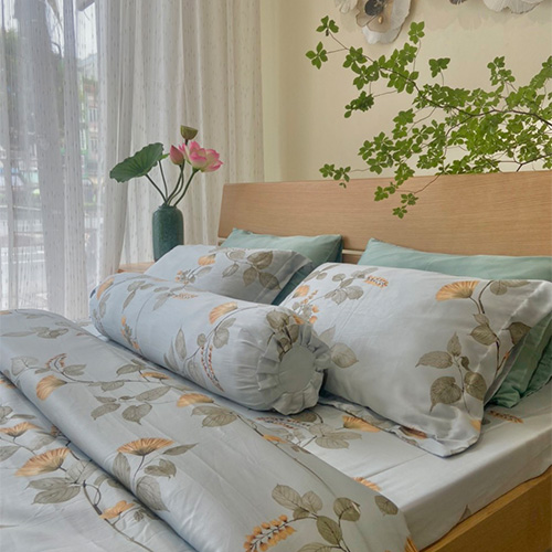 Bộ chăn ga gối 5 món Lụa Tencel 60s Hoa mào gà trắng xanh 1