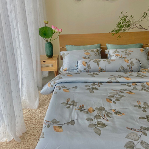 Bộ chăn ga gối 5 món Lụa Tencel 60s Hoa mào gà trắng xanh