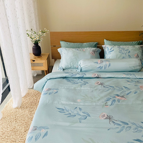 Bộ chăn ga gối 5 món Lụa Tencel 60s Hoa trang xanh