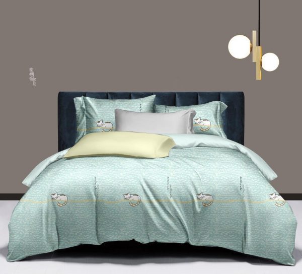 Bộ chăn ga gối 5 món lụa Tencel 60s Mèo xanh