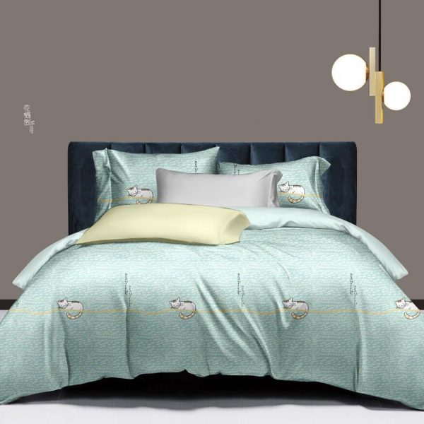 Bộ chăn ga gối 5 món lụa Tencel 60s Mèo xanh