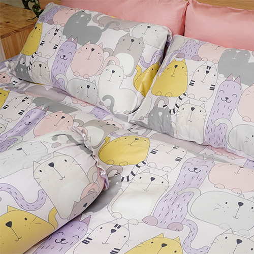 Bộ chăn ga gối 5 món tencel 60s Mèo hồng