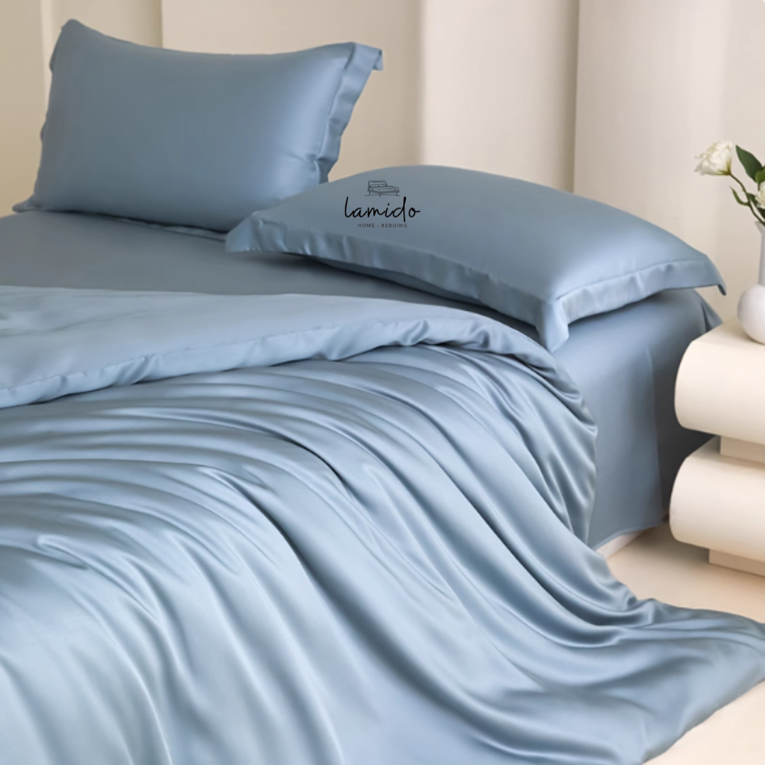 Bộ chăn ga gối 5 món lụa Tencel 60s Xanh Trầm 1 Bộ chăn ga gối 5 món lụa Tencel 60s Xanh Trầm