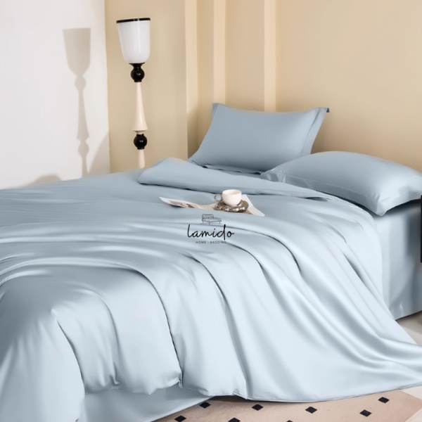 Bộ chăn ga gối 5 món lụa Tencel 60s Xanh Xám
