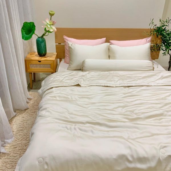 Bộ chăn ga gối 5 món Lụa Tencel Trơn 60s Be Sữa