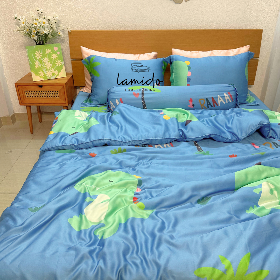 Bộ chăn ga gối 5 món Lụa Tencel Khủng Long 1 Bộ chăn ga gối 5 món Lụa Tencel Khủng Long