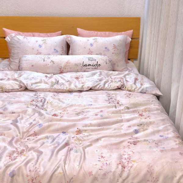 Bộ chăn ga gối 5 món Lụa Tencel 80s Hồng Sữa