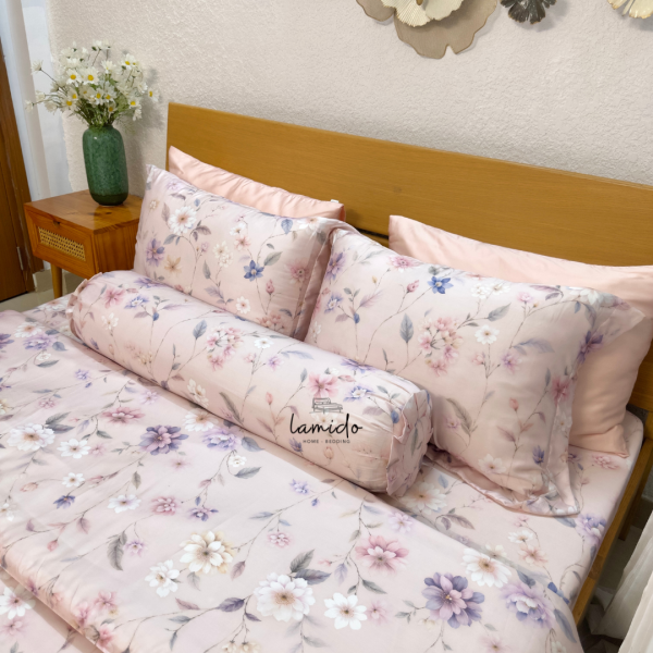 Bộ chăn ga gối 5 món Lụa Tencel 80s Hoa Hồng Phấn - Image 7