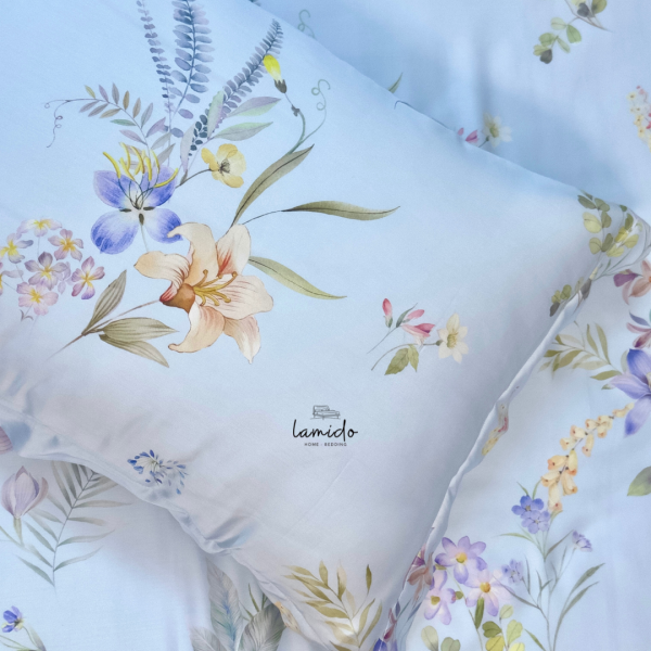 Bộ chăn ga gối 5 món Lụa Tencel 80s Hoa Xanh Sữa 33 14 7