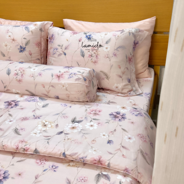 Bộ chăn ga gối 5 món Lụa Tencel 80s Hoa Hồng Phấn - Image 4