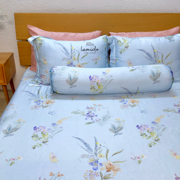 Bộ chăn ga gối 5 món Lụa Tencel 80s Hoa Xanh Sữa 23 2 7