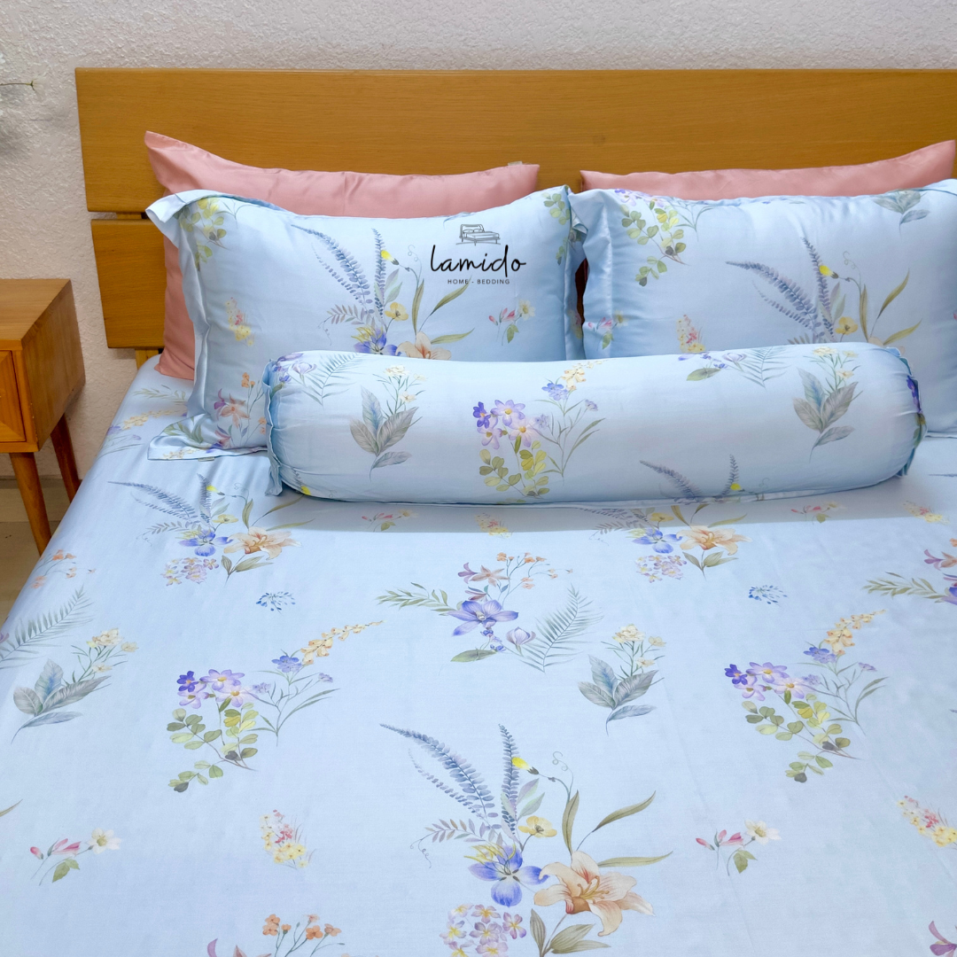 Bộ chăn ga gối 5 món Lụa Tencel 80s Hoa Xanh Sữa 3 Bộ chăn ga gối 5 món Lụa Tencel 80s Hoa Xanh Sữa - Image 3