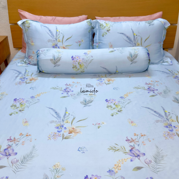Bộ chăn ga gối 5 món Lụa Tencel 80s Hoa Xanh Sữa 41 3 7
