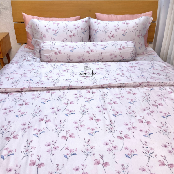 Bộ chăn ga gối 5 món Lụa Tencel 80s Hoa Nhí Tím 26 5 6