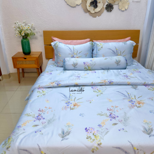 Bộ chăn ga gối 5 món Lụa Tencel 80s Hoa Xanh Sữa 25 5 7