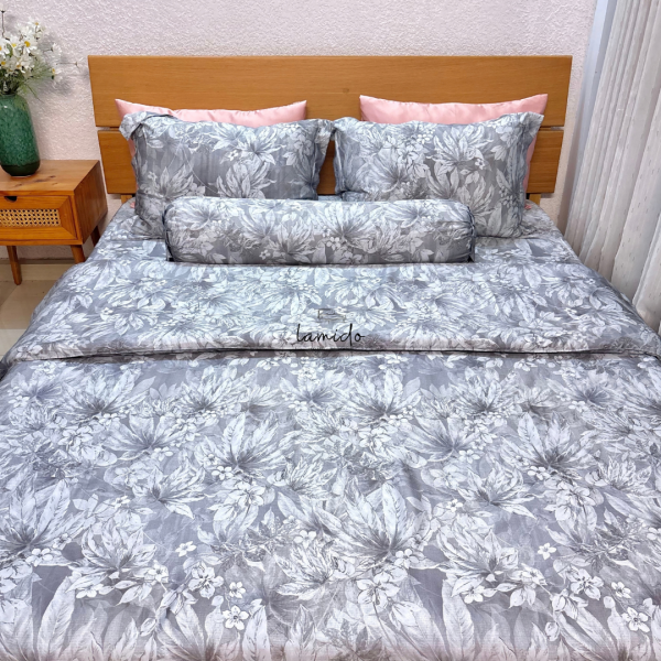 Bộ chăn ga gối 5 món Lụa Tencel 80s Hoa Xám Chì