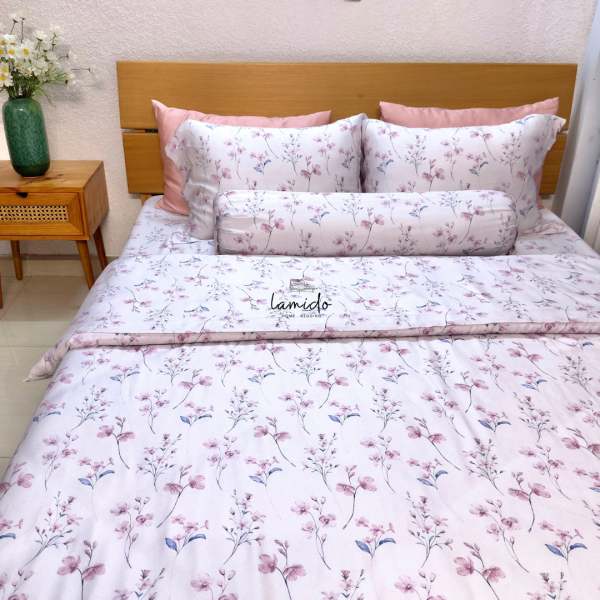 Bộ chăn ga gối 5 món Lụa Tencel 80s Hoa Nhí Tím