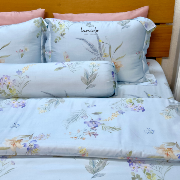 Bộ chăn ga gối 5 món Lụa Tencel 80s Hoa Xanh Sữa 24 6 7
