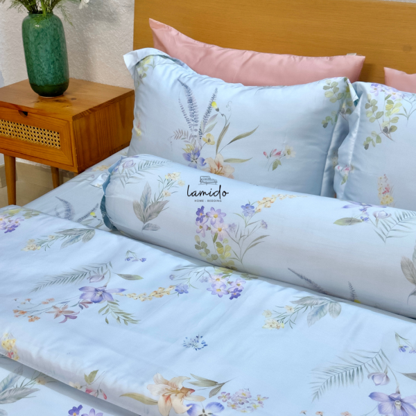 Bộ chăn ga gối 5 món Lụa Tencel 80s Hoa Xanh Sữa 28 7 7