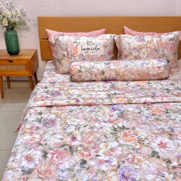 Bộ chăn ga gối 5 món Lụa Tencel 80s Hoa Hồng Cam