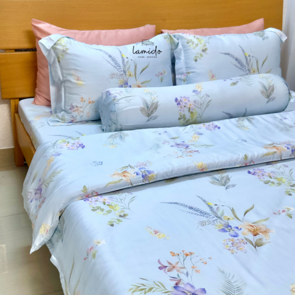 Bộ chăn ga gối 5 món Lụa Tencel 80s Hoa Xanh Sữa 26 8 7