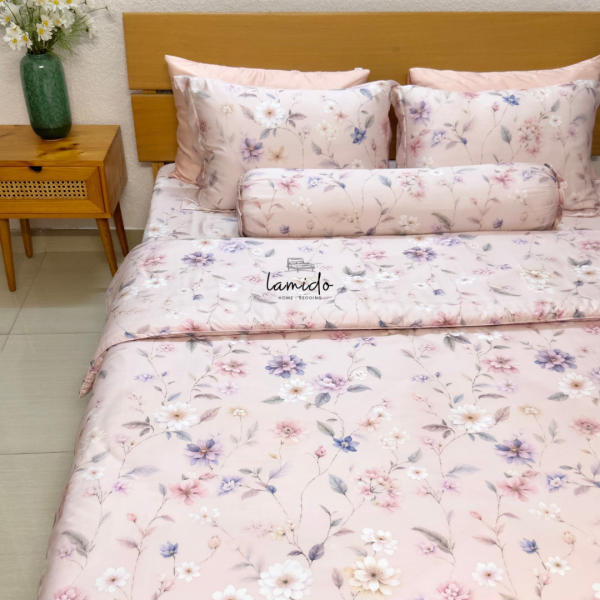 Bộ chăn ga gối 5 món Lụa Tencel 80s Hoa Hồng Phấn - Image 19