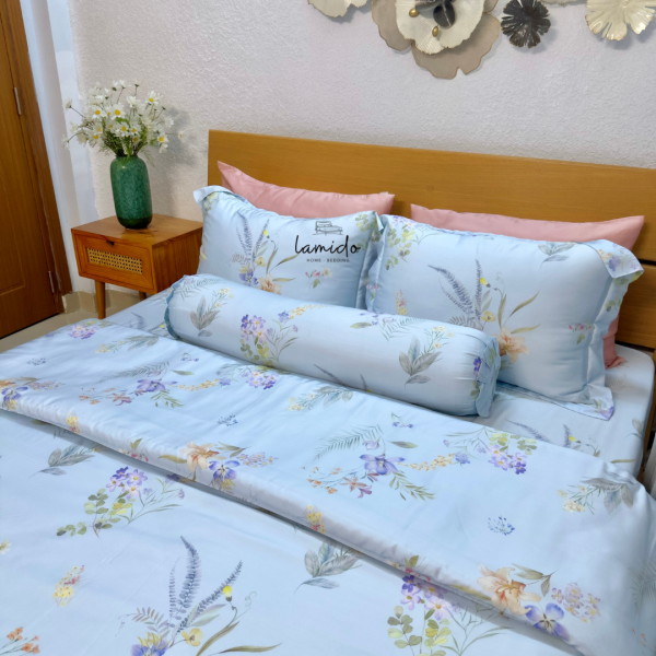 Bộ chăn ga gối 5 món Lụa Tencel 80s Hoa Xanh Sữa